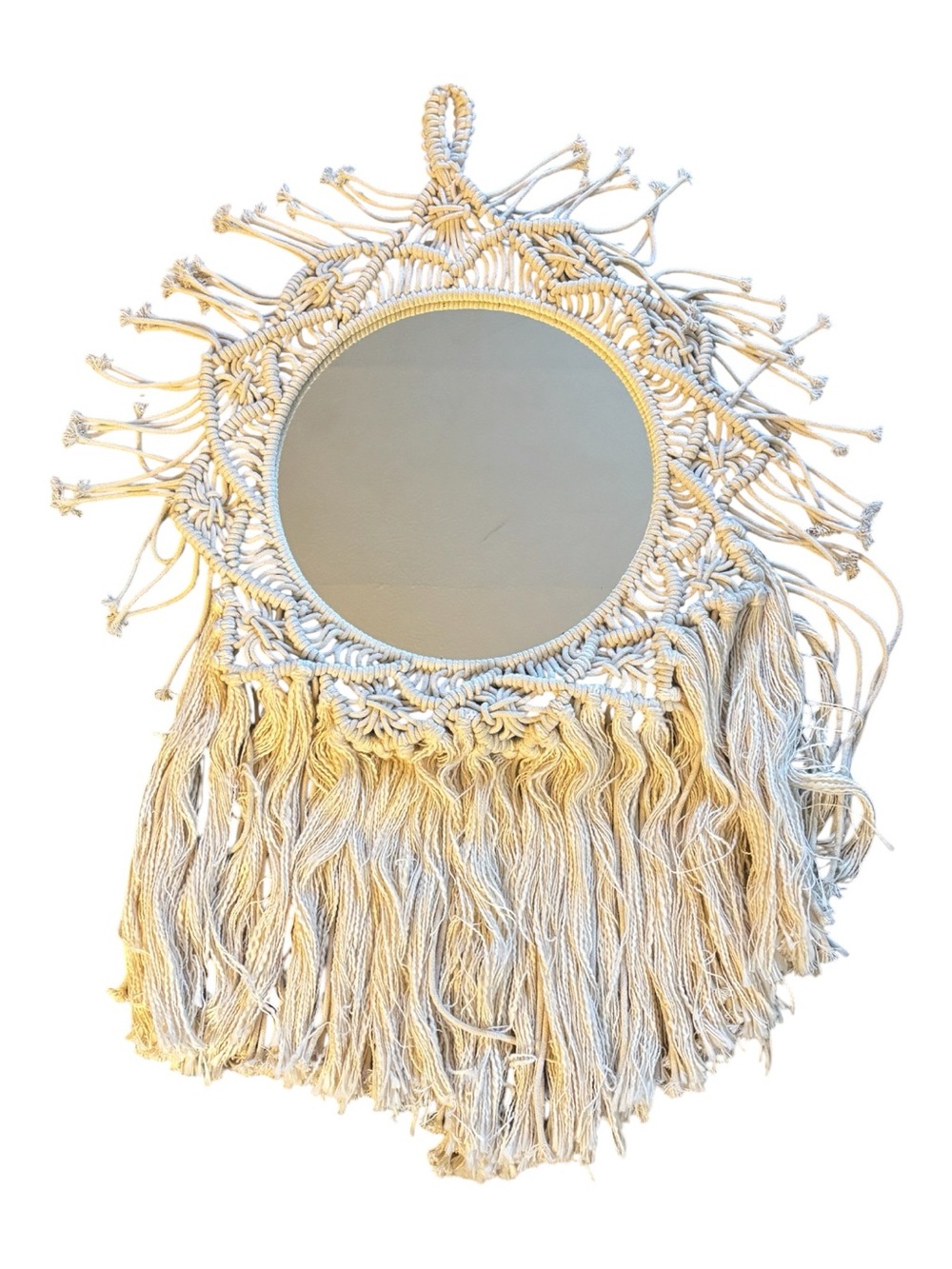 Handmade Boho Macramé Fringe Round Wall Mirror - Cream-18 X 32”